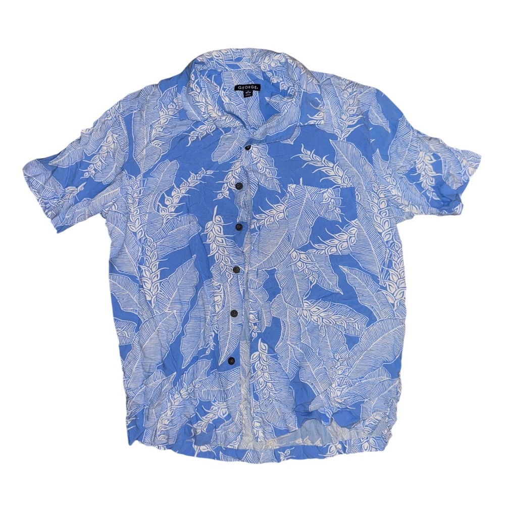 George Mens Short Sleeve Button Down Shirt Blue White Tropical Leaf Print Size M